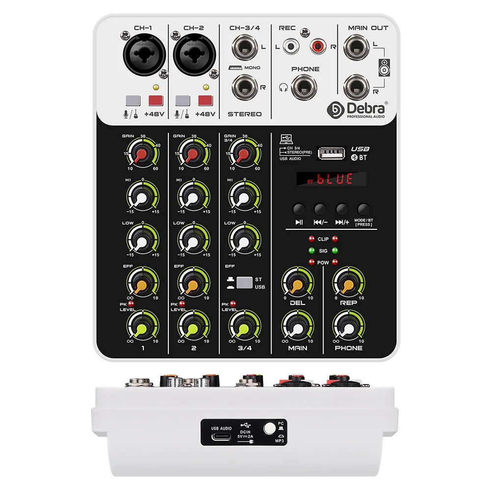 V4 Audio Interface Mixer with Bluetooth USB Recording Computer 48V Phantom Power Delay Replay Effects, 4-Channel Audio Mixer