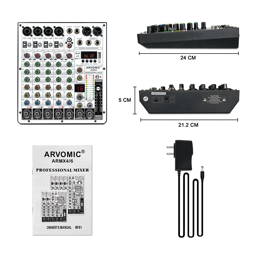 6-Channel Audio Mixer, ARVOMIC DJ Mixer with USB Audio Interface, Bluetooth Function, 16 DSP Effects, and 3-Band EQ (ARMX-6)