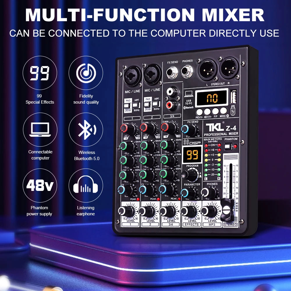 TKL 4 Channel 99 DSP Audio Mixer 48V Phantom Power USB Studio Sound Mixers Bluetooth DJ Console Mixing for Karaok