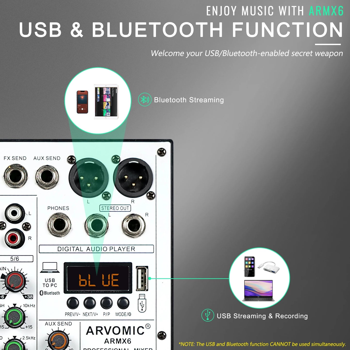 6-Channel Audio Mixer, ARVOMIC DJ Mixer with USB Audio Interface, Bluetooth Function, 16 DSP Effects, and 3-Band EQ (ARMX-6)