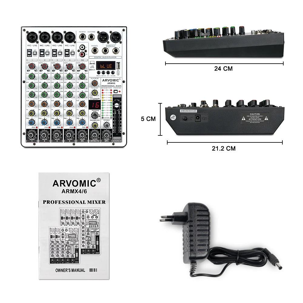 6-Channel Audio Mixer, ARVOMIC DJ Mixer with USB Audio Interface, Bluetooth Function, 16 DSP Effects, and 3-Band EQ (ARMX-6)