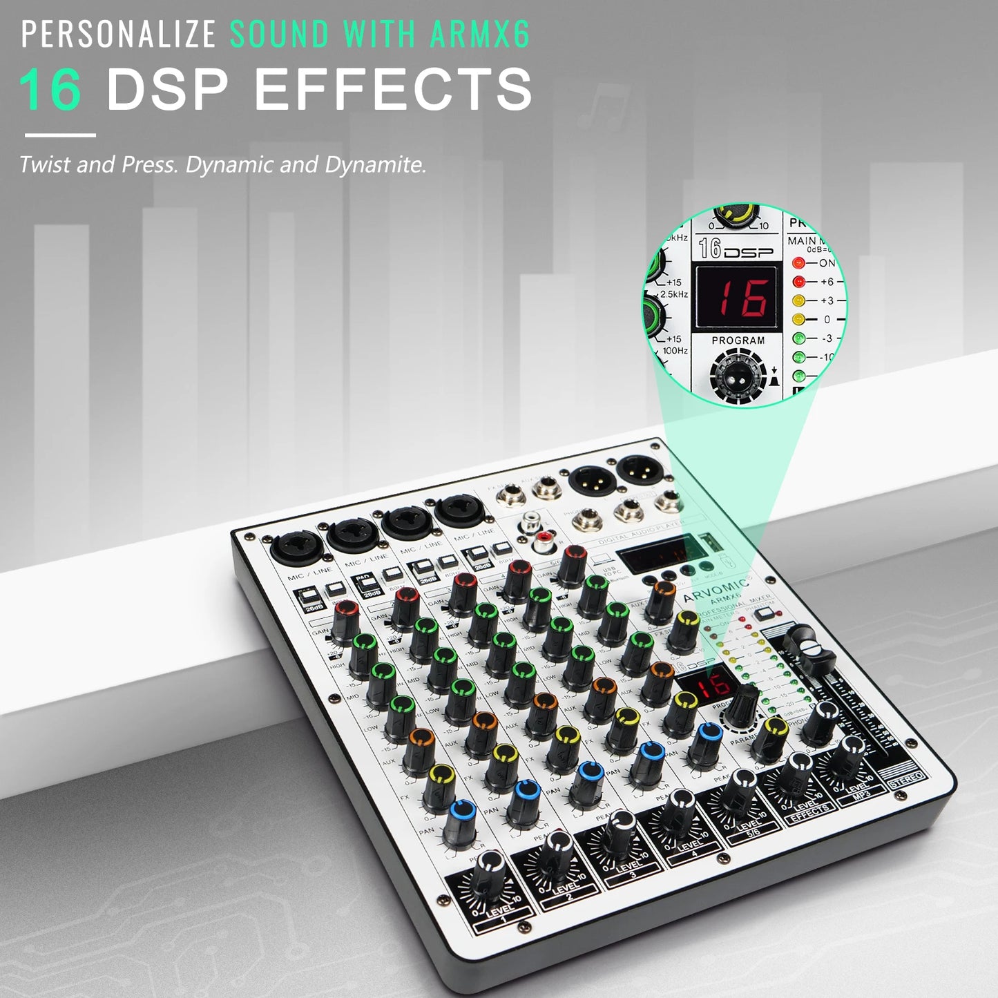 6-Channel Audio Mixer, ARVOMIC DJ Mixer with USB Audio Interface, Bluetooth Function, 16 DSP Effects, and 3-Band EQ (ARMX-6)